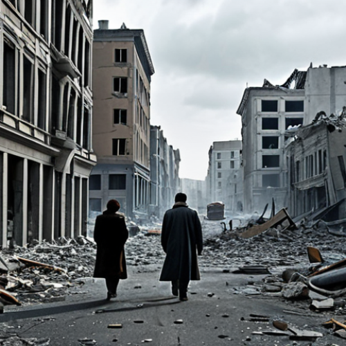 The Shattered City**

"A desolate cityscape in shades of gray and brown, depicting bombed-out buildings and rubble-strewn streets, fully clothed people walking amidst the destruction, somber atmosphere, safe for work, appropriate content, professional, perfect anatomy, natural proportions, photojournalistic style, realistic rendering, overcast sky, fully clothed, modest clothing."

**