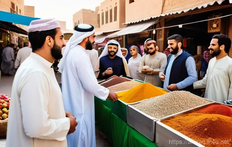 이라크 대규모 폭탄 테러 사건 - **Prompt:** A vibrant and bustling open-air market in a modern Arab city, featuring diverse stalls s...