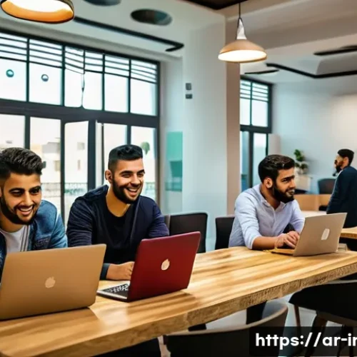 이라크의 현대적 특이점 - A vibrant urban scene in Baghdad showcasing young Iraqi entrepreneurs working collaboratively in a m...