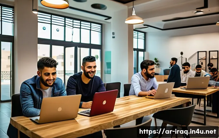 이라크의 현대적 특이점 - A vibrant urban scene in Baghdad showcasing young Iraqi entrepreneurs working collaboratively in a m...