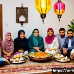 이라크 라마단 축제 전통 - A warm and inviting Iraqi family gathering around a large traditional wooden dining table during Ram...