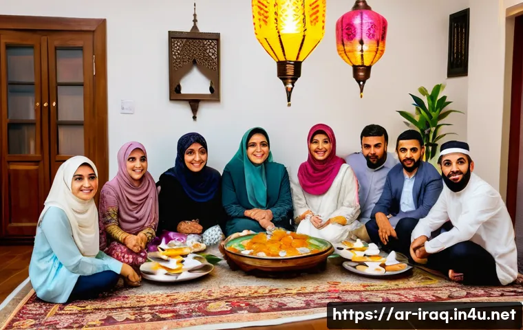이라크 라마단 축제 전통 - A warm and inviting Iraqi family gathering around a large traditional wooden dining table during Ram...