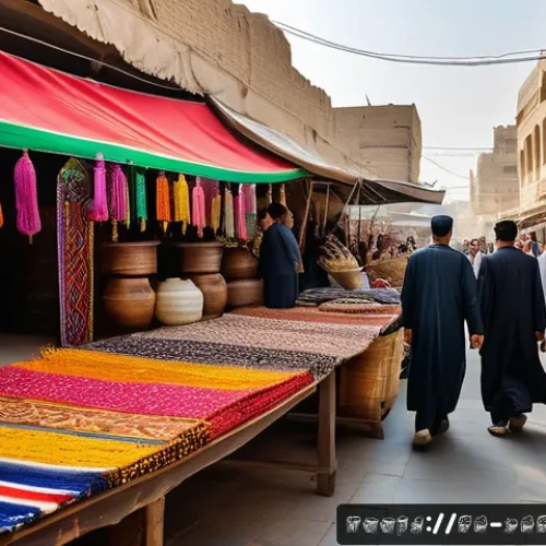 이라크의 다문화 사회 - A vibrant street market scene in Baghdad showcasing diverse Iraqi cultural groups: Arab, Kurdish, Tu...