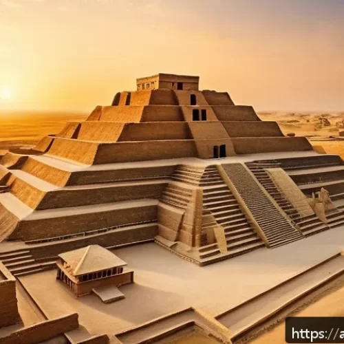 이라크 유네스코 등재 지역 - A panoramic view of the ancient city of Ur at sunset, showcasing the massive Sumerian ziggurat with ...
