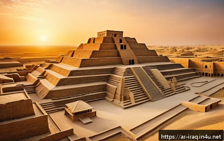 이라크 유네스코 등재 지역 - A panoramic view of the ancient city of Ur at sunset, showcasing the massive Sumerian ziggurat with ...