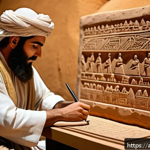 이라크와 메소포타미아 문명 - A detailed ancient Mesopotamian scribe scene showing a Middle Eastern man in traditional ancient att...