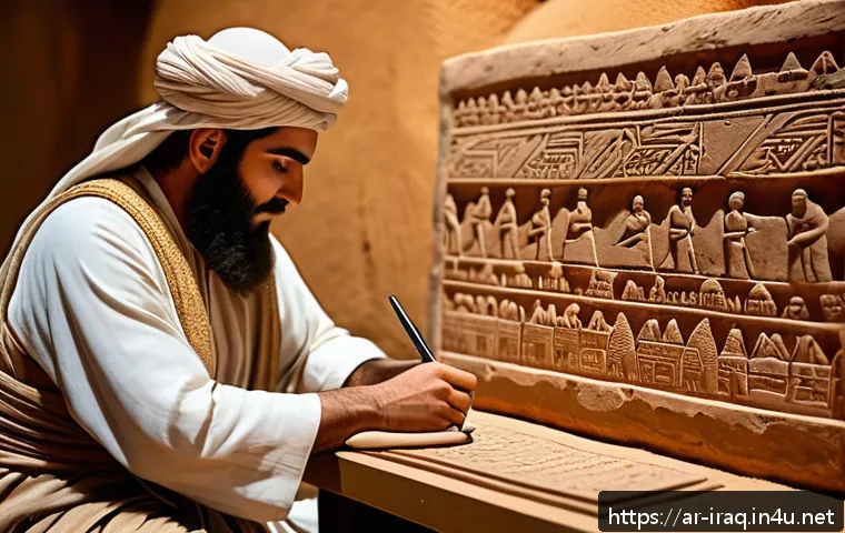 이라크와 메소포타미아 문명 - A detailed ancient Mesopotamian scribe scene showing a Middle Eastern man in traditional ancient att...