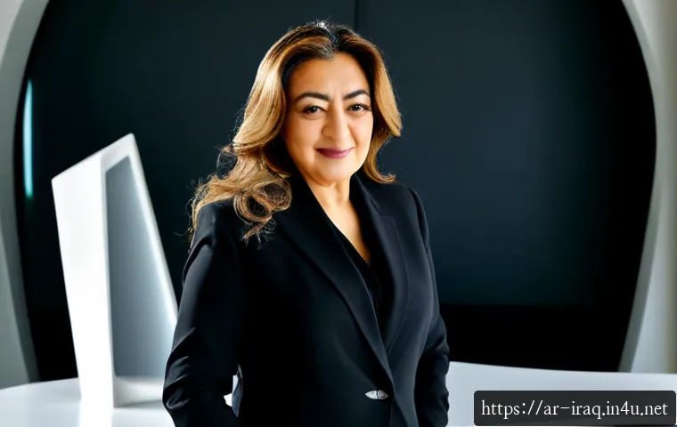 이라크 유명 인물 - Photorealistic dignified portrait of Iraqi-born architect Zaha Hadid in a bright contemporary studio...