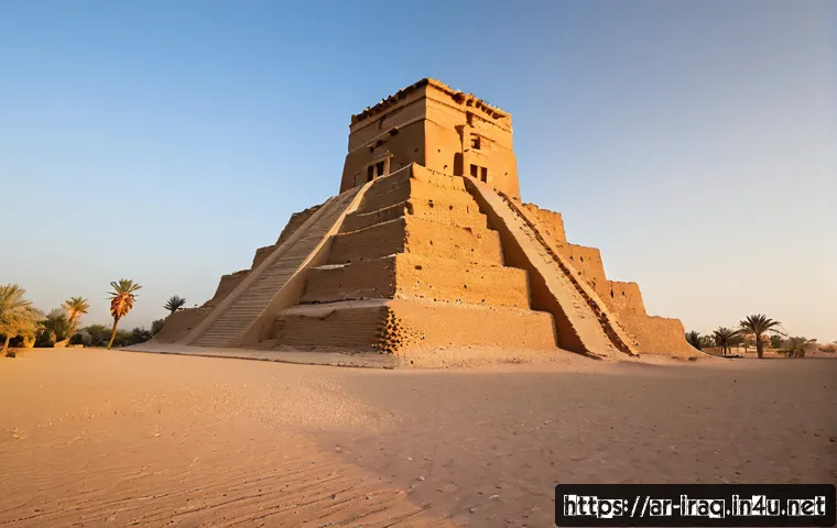 이라크 유적지  바벨탑 - Photorealistic archaeological view of the ancient Tower of Babel inspired by Mesopotamian ziggurat a...