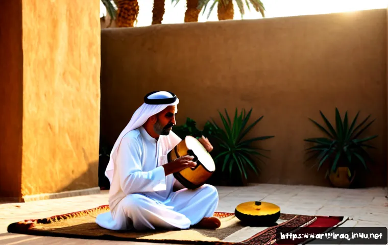 이라크 민속 음악 장르 - Photorealistic Iraqi folk music performance in a traditional Baghdad courtyard at golden sunset, an ...